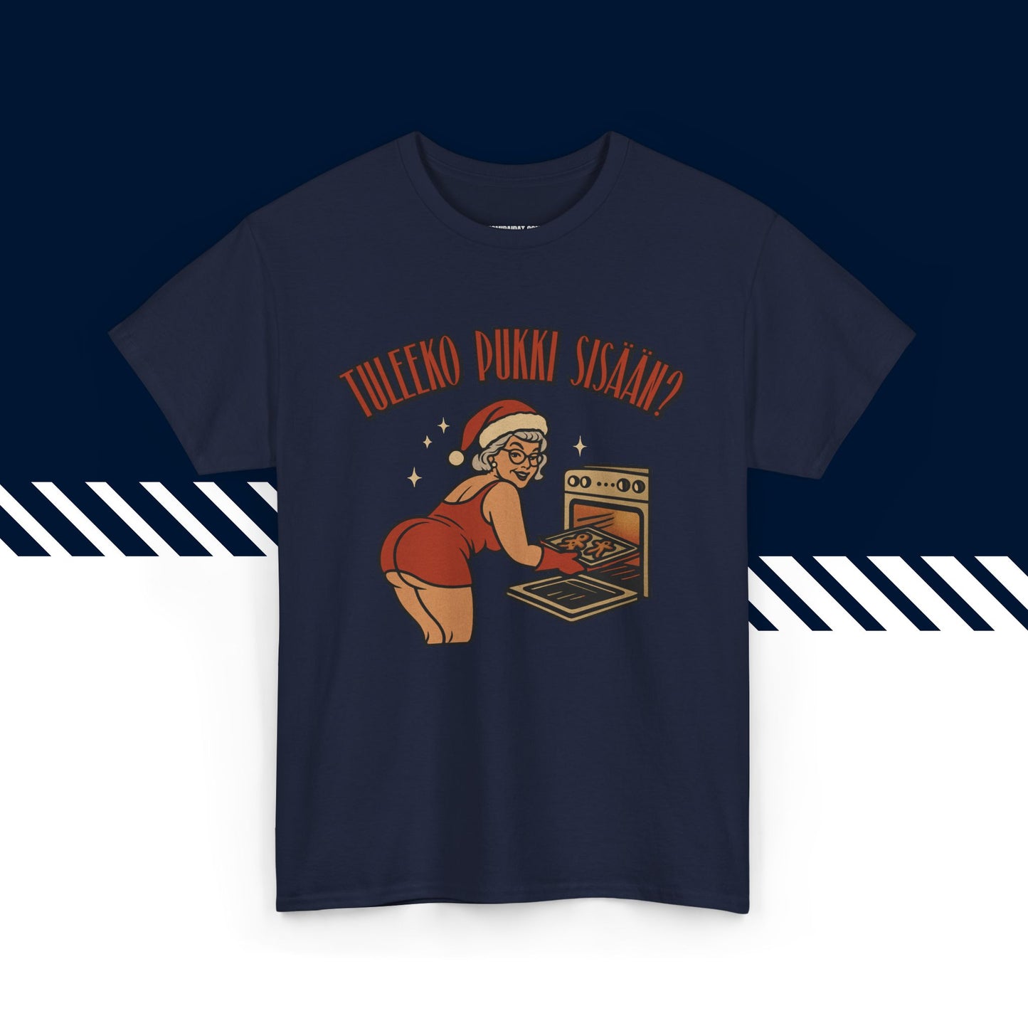 Tummansininen puuvillainen suomi paidat, hauskat printtipaidat, Joulufiilis aktivoitu -kuvio, unisex-malli.