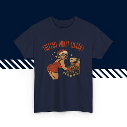 Tummansininen puuvillainen suomi paidat, hauskat printtipaidat, Joulufiilis aktivoitu -kuvio, unisex-malli.