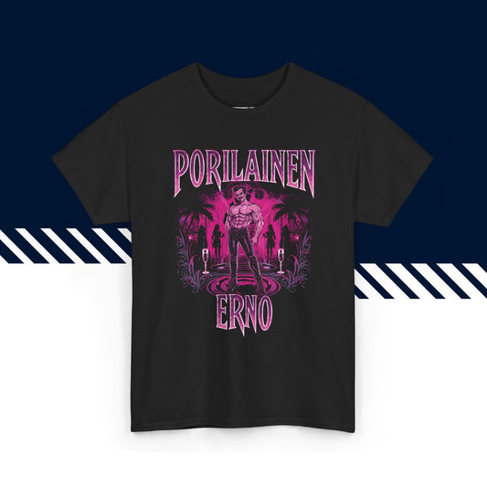 Musta puuvillainen t-paita, hauskat paita, suomipaidat.comin Porilainen erno-tekstipainatus, unisex-malli.