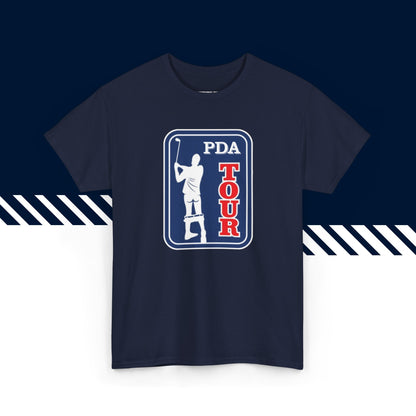Tummansininen puuvillainen t-paita, hauskat teksti paidat, PDA Tour -tekstipainatus, unisex-malli.