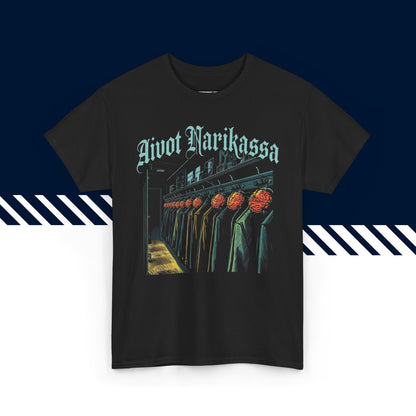 Musta puuvillainen t-paita, hauskat paidat, suomipaidat.comin Aivot narikassa -tekstipainatus, unisex-malli.