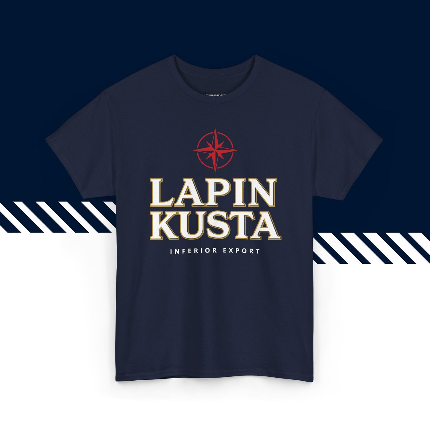 Tummansininen puuvillainen t-paita, hauskat paidat, suomipaidat.comin Lapin Kusta -tekstipainatus, unisex-malli.