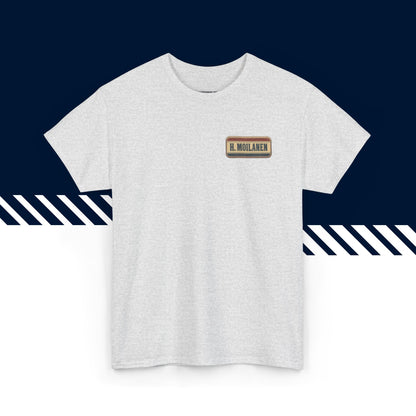 Harmaa t-paita, hauskat paidat, Hoo Moilanen -tekstipainatus, rento malli, unisex.