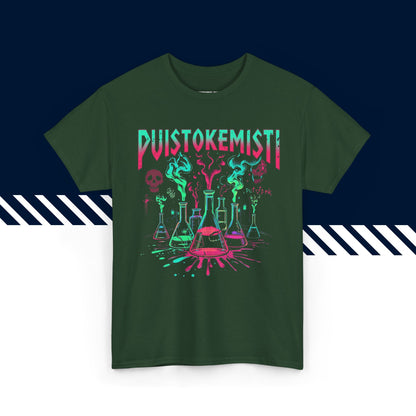 Tummanvihreä 100% puuvillainen t-paita, hauskat paidat, Puistokemisti-tekstipainatus, unisex.