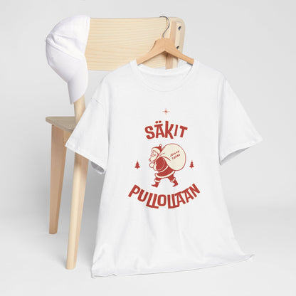 Valkoinen hauskat printtipaidat Säkit pullollaan t-paita henkarilla, unisex-malli, suomipaidat.com.