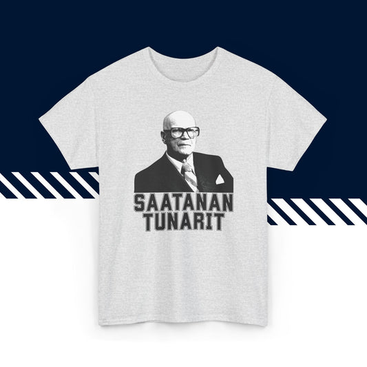 Harmaa hauska paita, Saatanan tunarit -tekstipainatus, rento malli, suomi t-paidat.