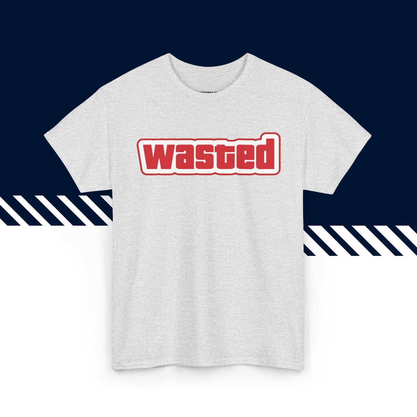 Harmaa hauska paita, Wasted-tekstipainatus, rento malli, suomi t-paidat.