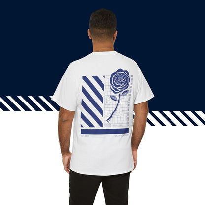 Malli valkoisessa hauskat t-paidat Ruusupaita -selkäpainatuksessa, unisex-malli, suomipaidat.com.