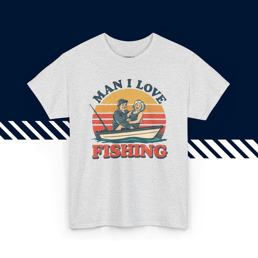 Harmaa hauska paita, Man I Love Fishing -teksti ja kuvio, suomi t-paidat.