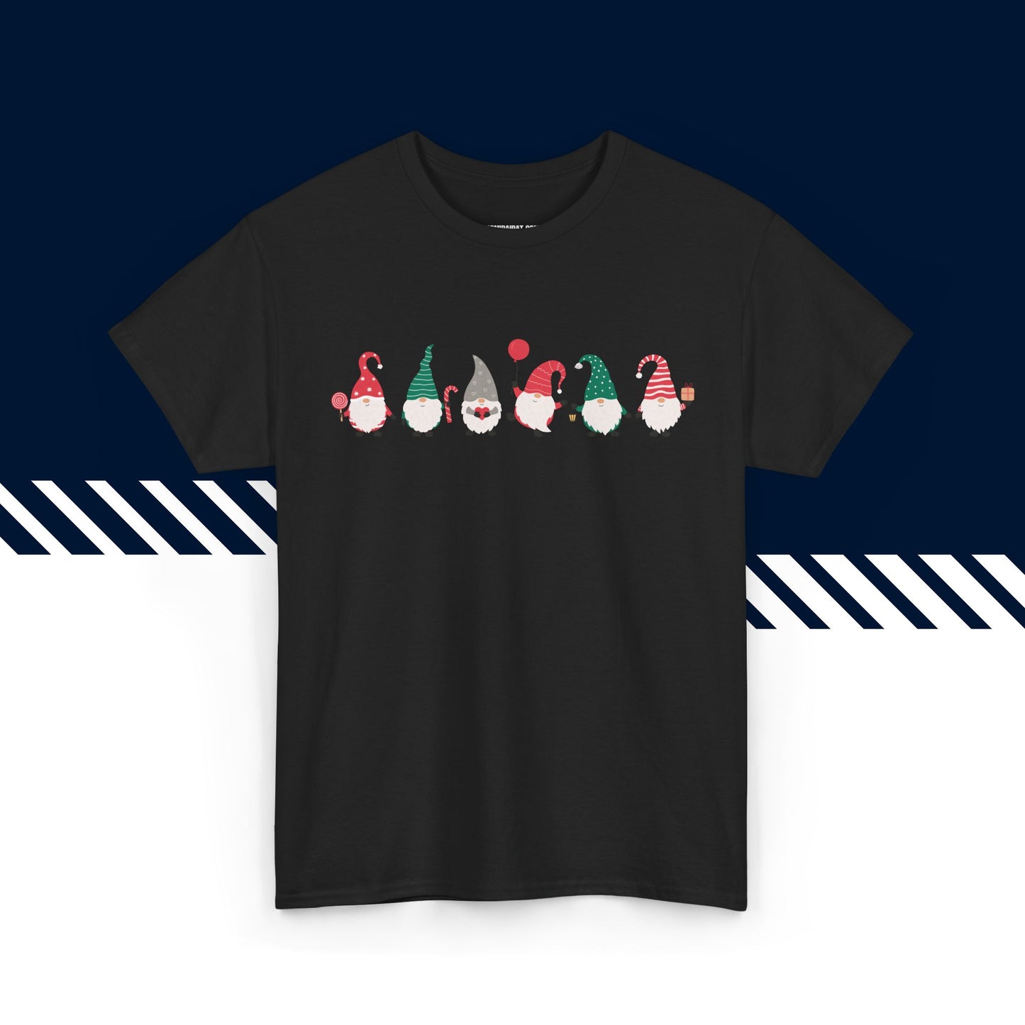 Musta puuvillainen hauskat t-paidat, hauska paita, t-paita lahjaksi, Joulutontut -kuvio, unisex-malli.