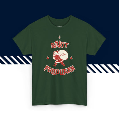 Tummanvihreä 100% puuvillainen hauskat paidat, suomi t-paidat, suomipaidat.comin Säkit pullollaan -jouluteksti, unisex-malli, joulu lahja idea.