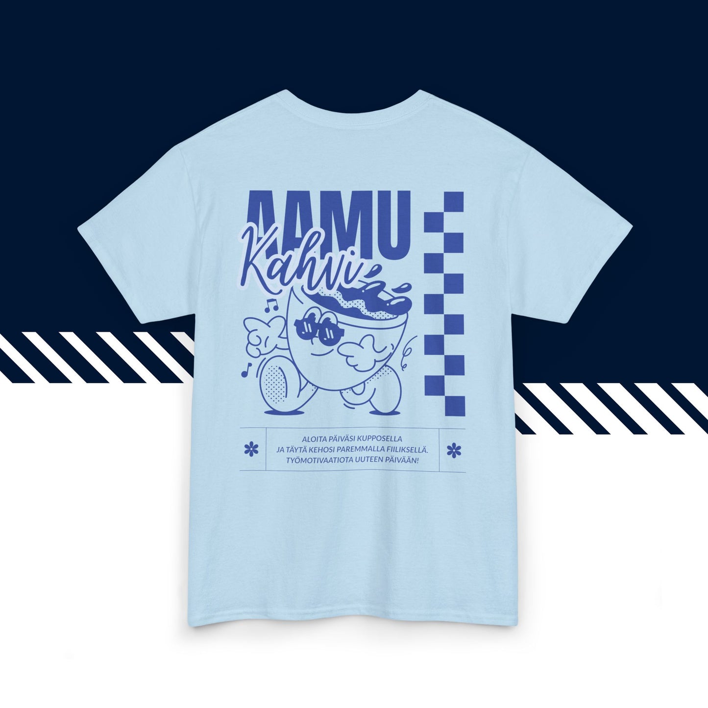 Vaaleansininen puuvillainen suomi paita, hauskat printtipaidat, joulu lahja idea, Aamukahvi -teksti, unisex-malli.