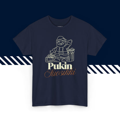 Tummansininen puuvillainen suomi paidat, hauskat printtipaidat, joulu lahja, Pukin suosikki -kuvio, unisex-malli.