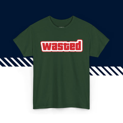 Tummanvihreä puuvillainen t-paita, hauskat teksti paidat, Wasted-tekstipainatus, unisex-malli.