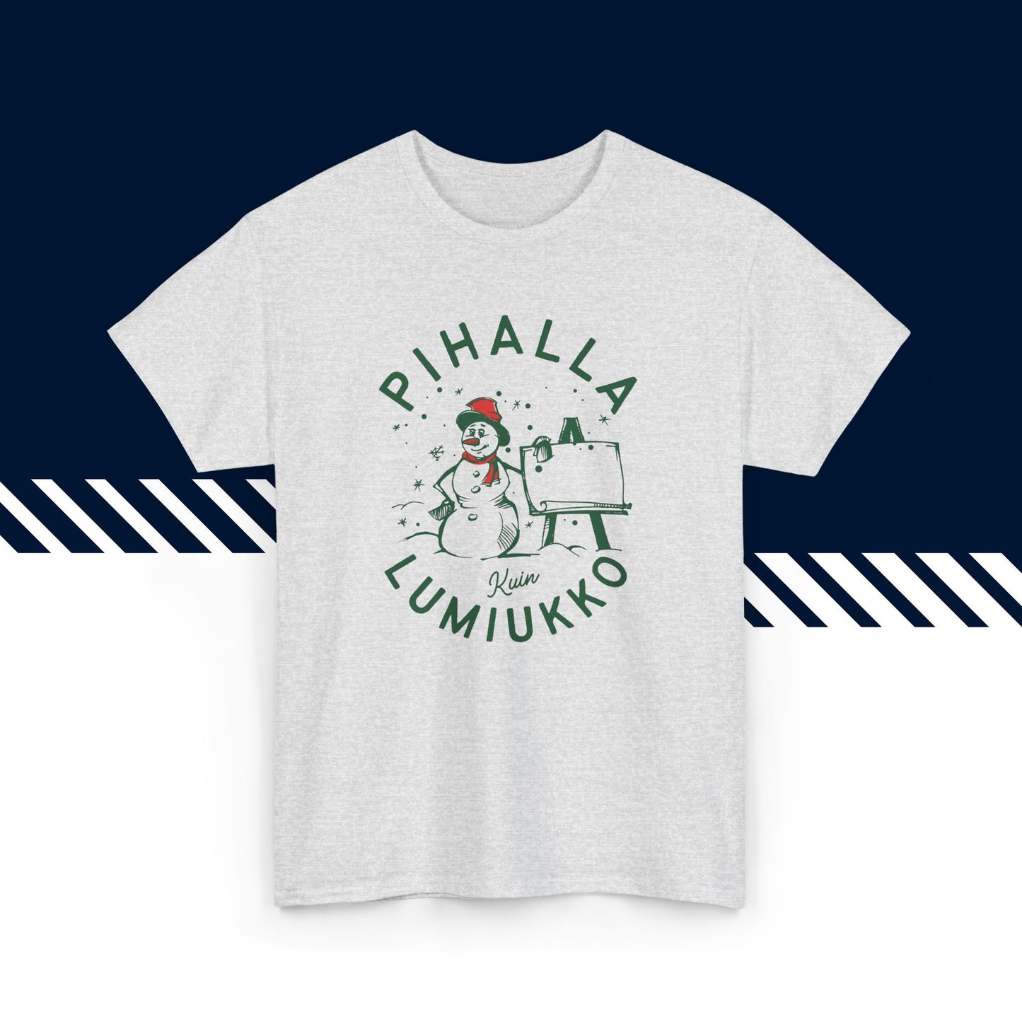 Harmaa hauskat t-paidat, hauska paita, t-paita lahjaksi, Lumiukko pihalla -kuvio, unisex-malli.