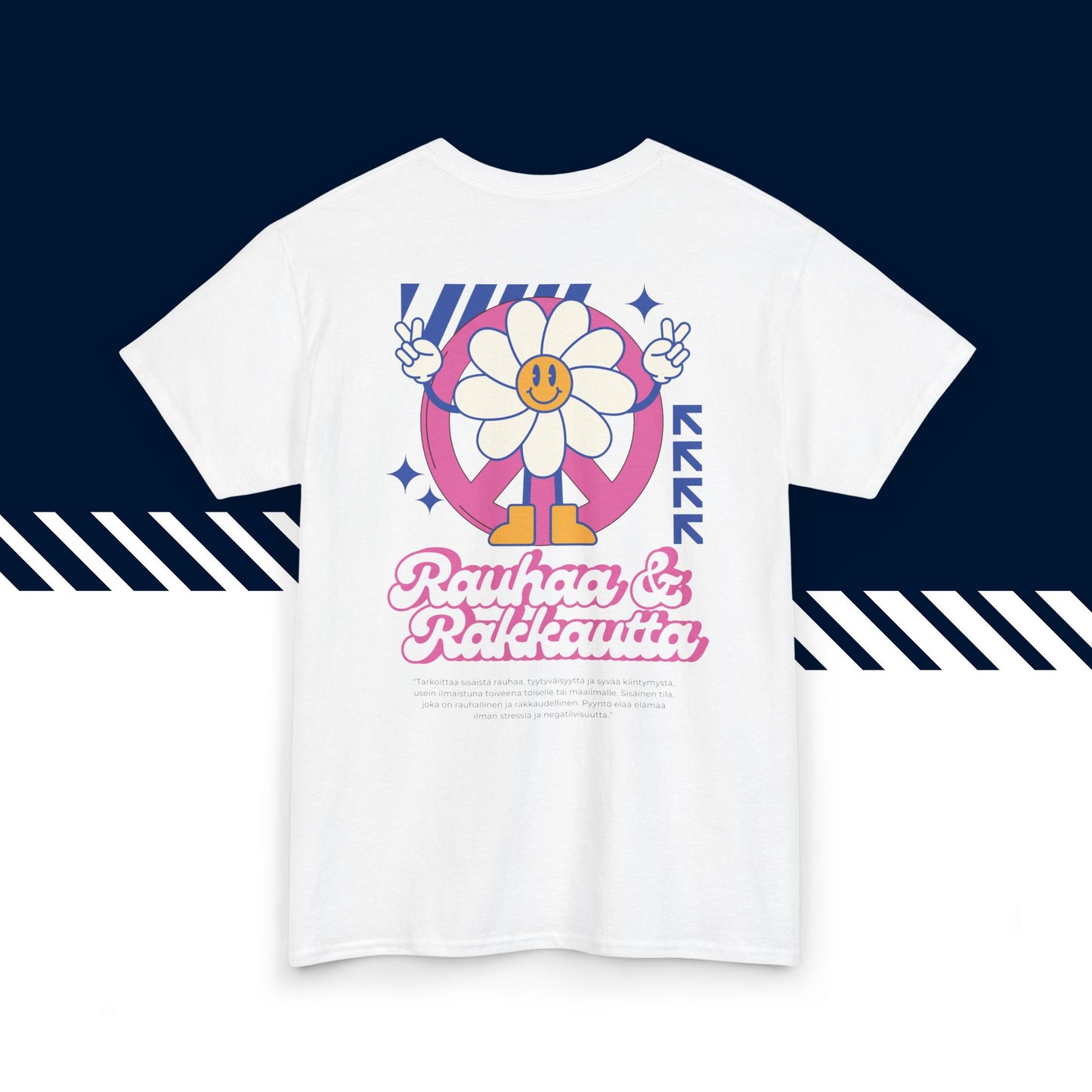 Valkoinen 100% puuvillainen hauskat paidat, suomi t-paidat, suomipaidat.comin Rauhaa ja Rakkautta -selkäpainatus, unisex-malli, t-paita lahjaksi.