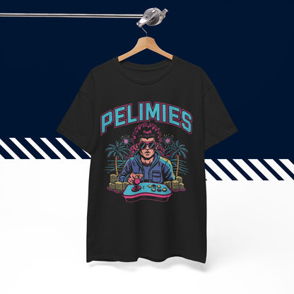 Musta puuvillainen hauskat printtipaidat, Pelimies-teksti ja kuvio henkarilla, unisex-malli.
