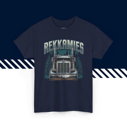 Tummansininen 100% puuvillainen suomi paita, Rekkamies-teksti ja kuvio, hauskat t-paidat.