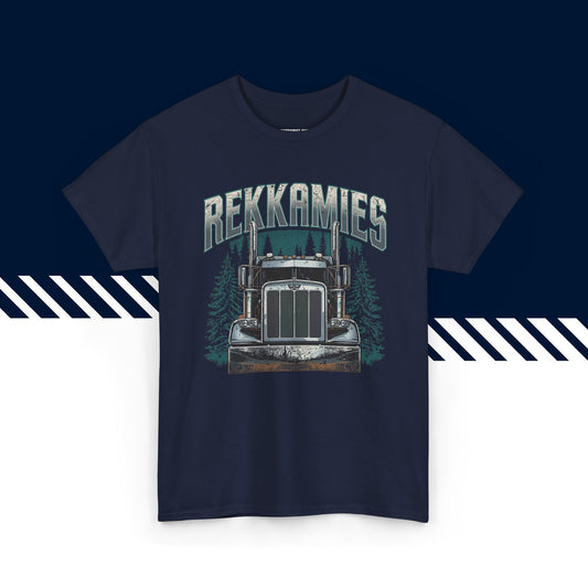 Tummansininen 100% puuvillainen suomi paita, Rekkamies-teksti ja kuvio, hauskat t-paidat.