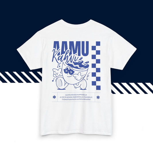 Valkoinen 100% puuvillainen hauskat paidat, suomi t-paidat, suomipaidat.comin Aamukahvi -teksti ja kuvio, unisex-malli, t-paita lahjaksi.