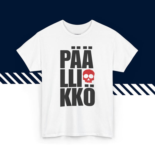 Valkoinen puuvillainen t-paita, hauskat paidat, suomipaidat.comin Päällikkö-tekstipainatus, unisex-malli.