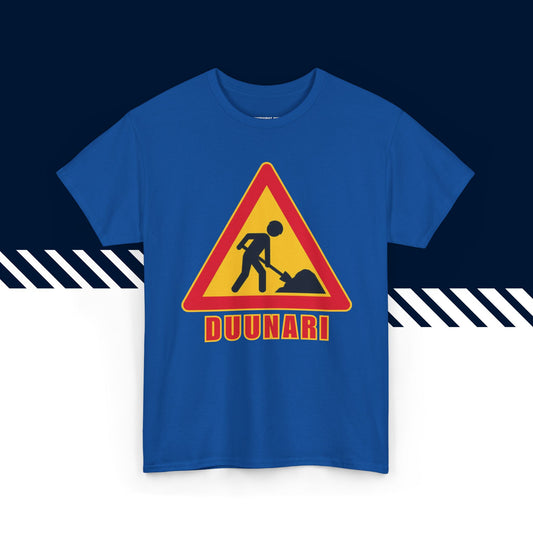 Sininen puuvillainen t-paita, hauskat paidat, suomipaidat.comin Duunari-tekstipainatus, unisex-malli.
