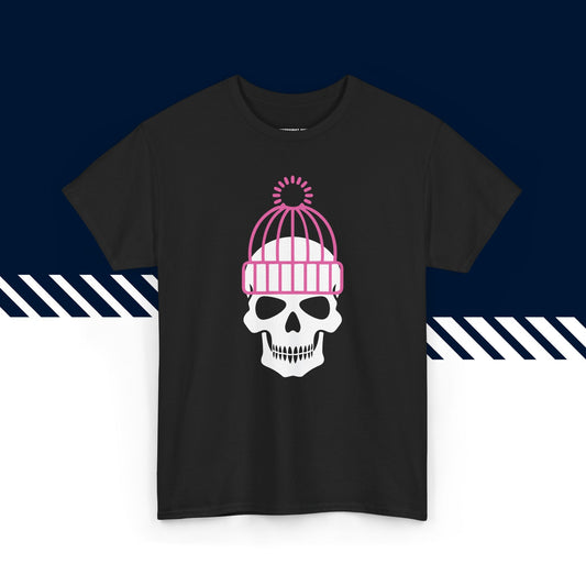 Musta puuvillainen t-paita, hauskat paidat, suomipaidat.comin Pipokallo-kuvio, unisex-malli.