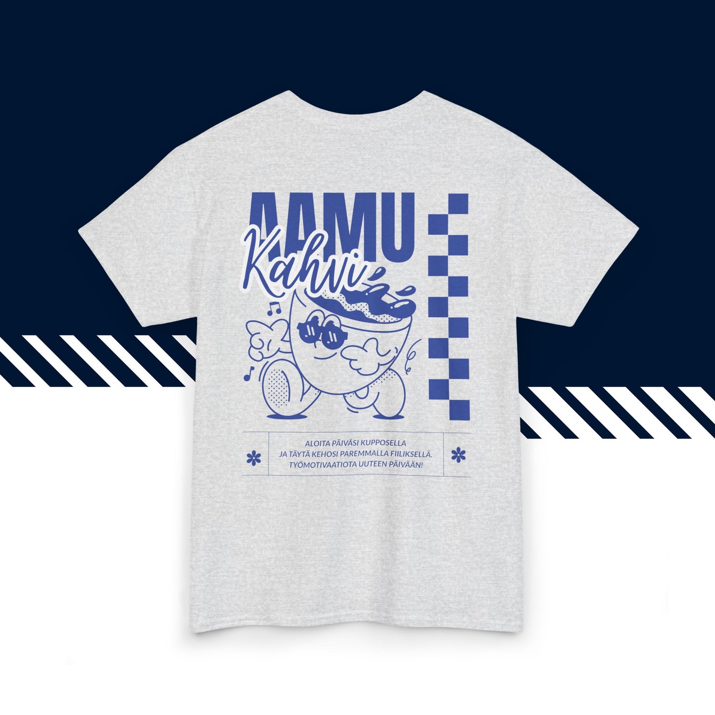 Harmaa hauskat t-paidat, hauska paita, suomalainen katumuoti paita painatus, Aamukahvi -kuvio, unisex-malli.