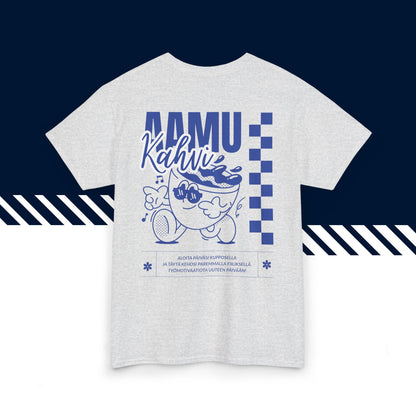 Harmaa hauskat t-paidat, hauska paita, suomalainen katumuoti paita painatus, Aamukahvi -kuvio, unisex-malli.