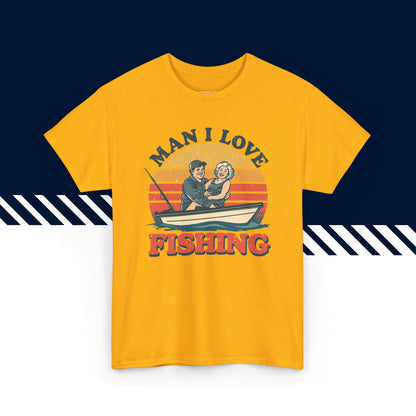 Keltainen 100% puuvillainen suomi paita, Man I Love Fishing -teksti ja kuvio, hauskat t-paidat.