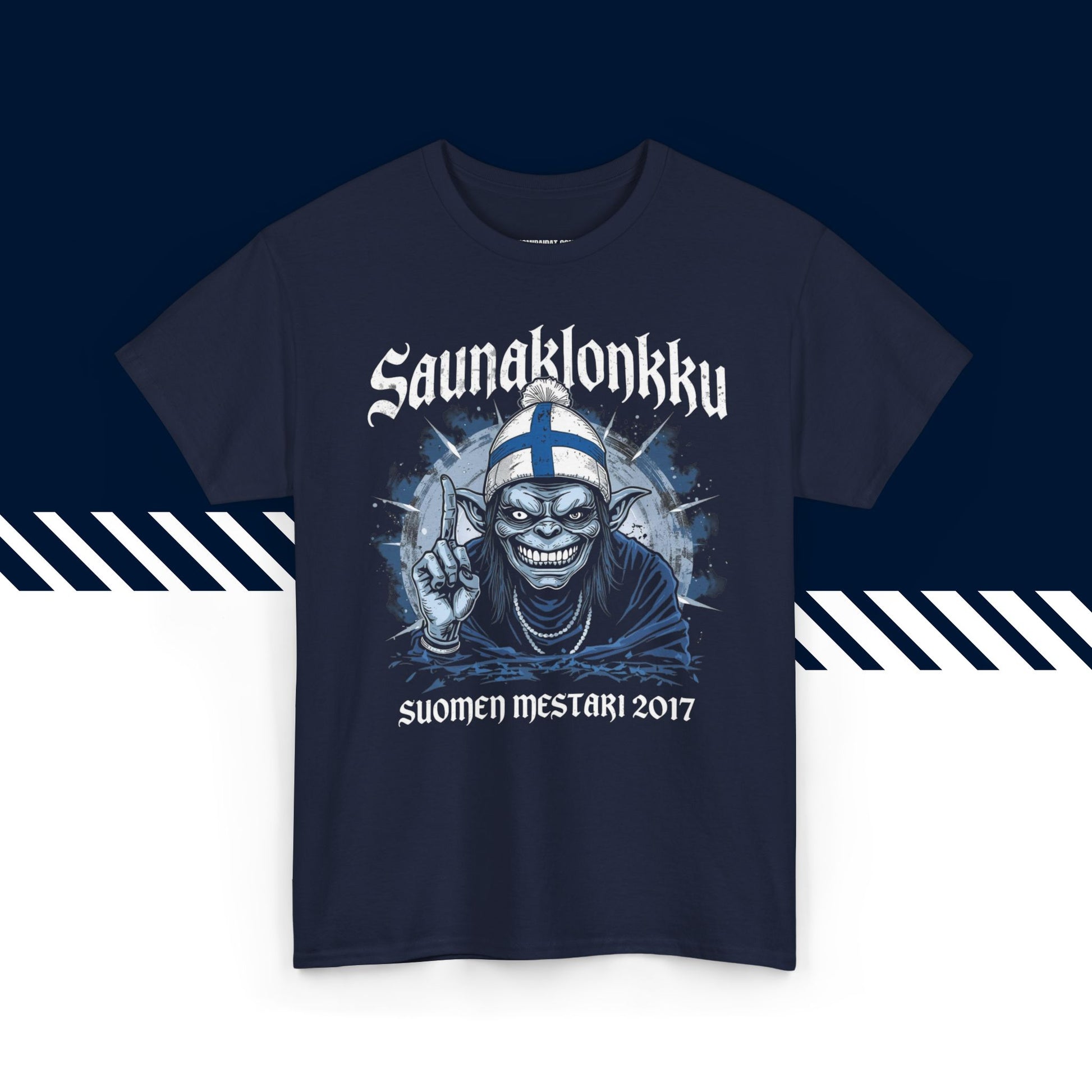 Tummansininen puuvillainen t-paita, hauskat paidat, suomipaidat.comin Saunaklonkku-kuvio, unisex-malli.
