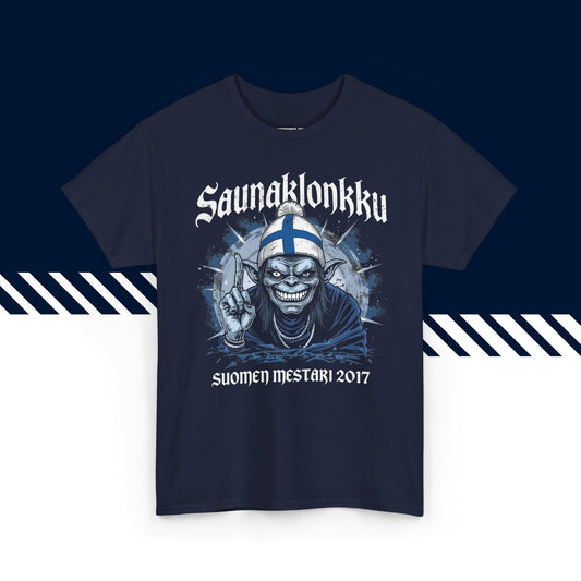 Tummansininen puuvillainen t-paita, hauskat paidat, suomipaidat.comin Saunaklonkku-kuvio, unisex-malli.