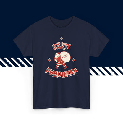 Tummansininen puuvillainen suomi paidat, hauskat printtipaidat, Säkit pullollaan -kuvio, unisex-malli.