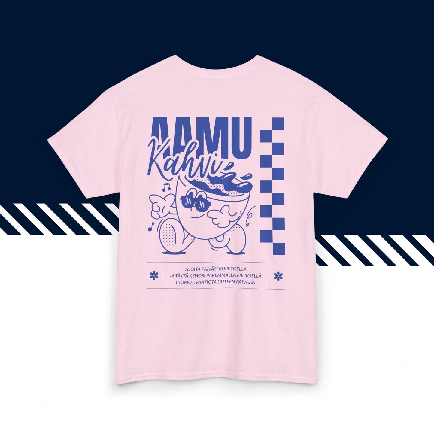 Pinkki puuvillainen suomi paidat, hauskat printtipaidat, Aamukahvi -kuvio, unisex-malli.