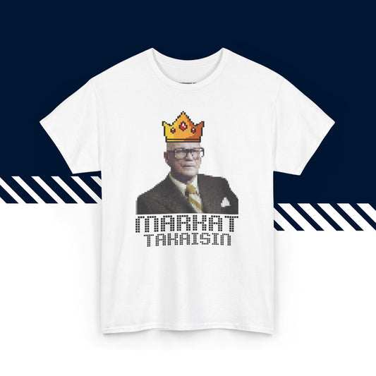 Valkoinen puuvillainen t-paita, hauskat paidat, suomipaidat.comin Pikselikekkonen-tekstipainatus, unisex-malli.