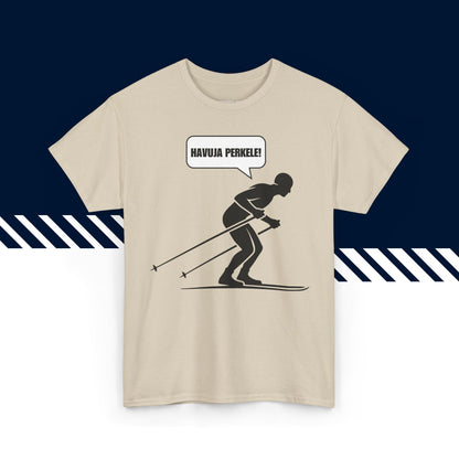 Beige puuvillainen t-paita, hauskat teksti paidat, Havuja perkele! -tekstipainatus, unisex-malli.