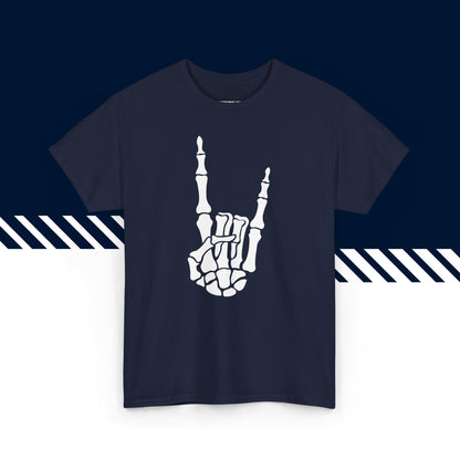 Tummansininen puuvillainen t-paita, hauskat teksti paidat, Rock On -tekstipainatus, unisex-malli.