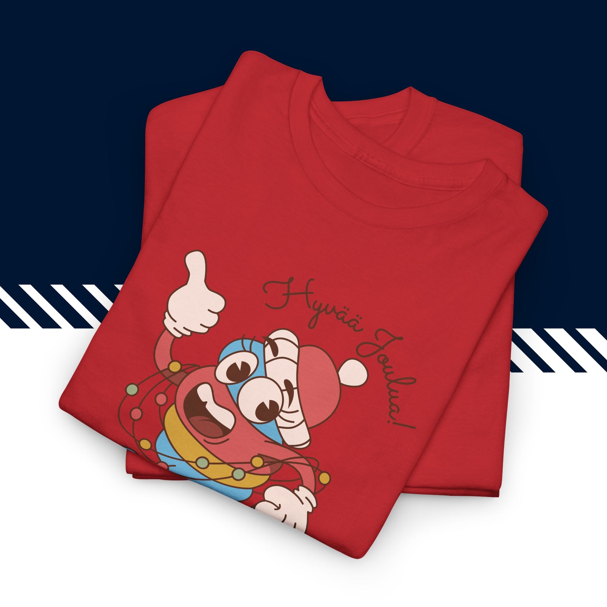 Punainen puuvillainen hauskat printtipaidat, suomi paidat, Joulufiilis aktivoitu t-paita taitettuna, 100% puuvilla, unisex-malli.