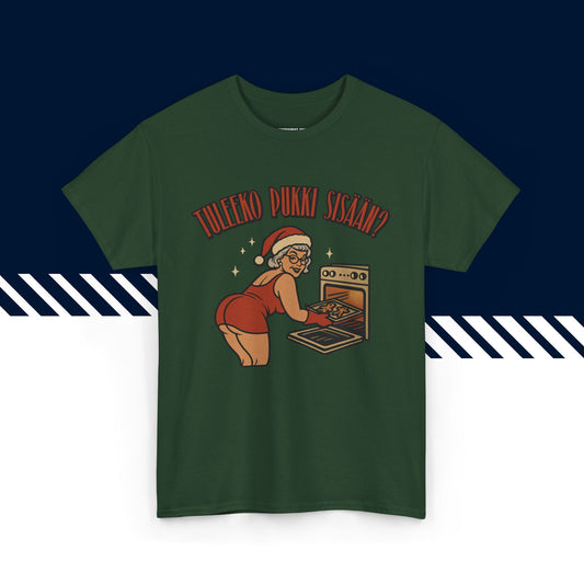 Tummanvihreä 100% puuvillainen hauskat paidat, suomi t-paidat, suomipaidat.comin Joulufiilis aktivoitu -jouluteksti, unisex-malli, joulu lahja idea.