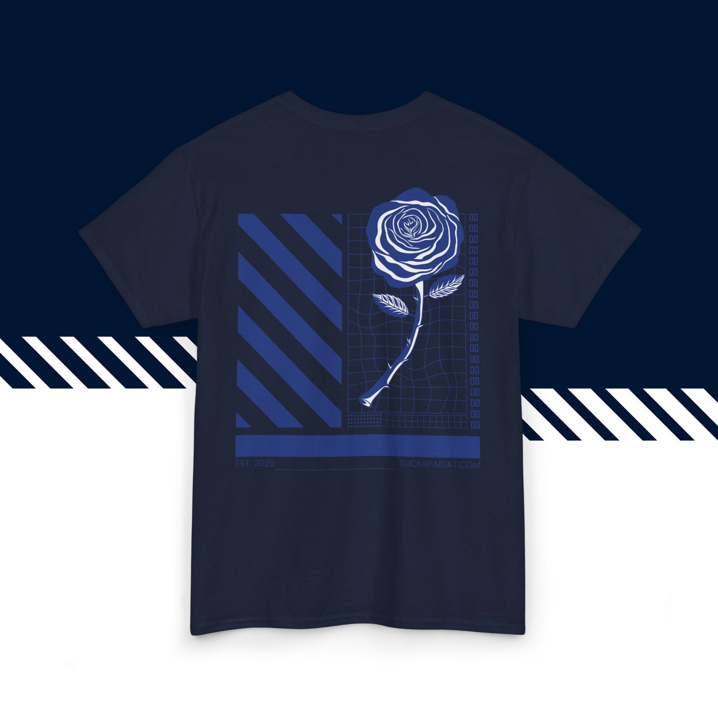 Tummansininen puuvillainen suomi paita, hauskat printtipaidat, joulu lahja idea, Ruusupaita -selkäkuvio, unisex-malli.