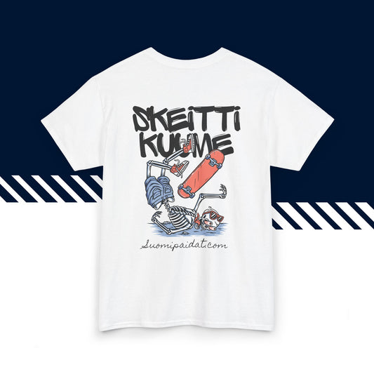 Valkoinen 100% puuvillainen hauskat paidat, suomi t-paidat, suomipaidat.comin Skeittikuume -selkäpainatus, unisex-malli, t-paita lahjaksi.