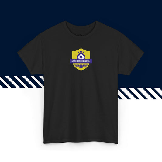 Musta 100% puuvillainen hauskat paidat, suomi t-paidat, hauskat t-paidat, suomipaidat.comin Kyröskosken Pärske -teksti ja kuvio, unisex-malli.