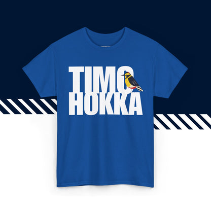 Sininen 100% puuvillainen t-paita, hauskat printtipaidat, Timo Hokka -tekstipainatus, rento malli.