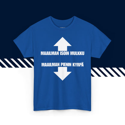 Sininen 100% puuvillainen t-paita, hauskat printtipaidat, Iso mulkku -tekstipainatus, rento malli.