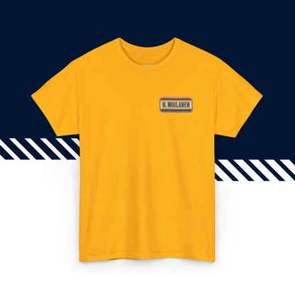 Keltainen puuvillainen t-paita, hauskat paidat, Hoo Moilanen -tekstipainatus, unisex-malli.