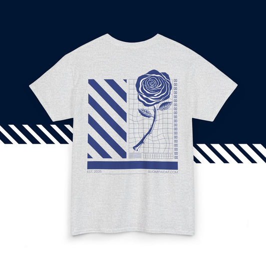 Harmaa hauskat t-paidat, hauska paita, suomalainen katumuoti paita painatus, Ruusupaita -selkäkuvio, unisex-malli.