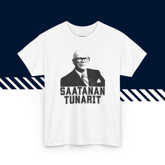 Valkoinen puuvillainen t-paita, hauskat paidat, suomipaidat.comin Saatanan tunarit -tekstipainatus, unisex-malli.
