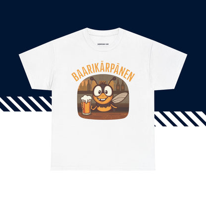 Valkoinen puuvillainen t-paita, hauskat paidat, Baarikärpänen-tekstipainatus, rento malli.