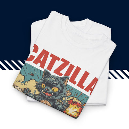 Valkoinen puuvillainen hauskat paidat Catzilla t-paita, taitettuna, 100% puuvilla.