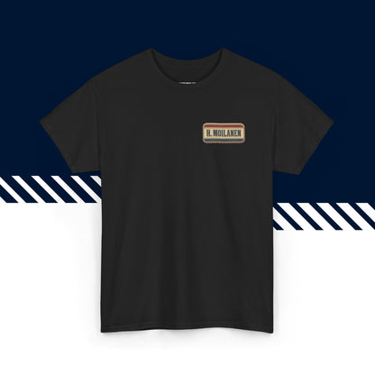 Musta puuvillainen t-paita, hauskat paidat, suomipaidat.comin Hoo Moilanen -tekstipainatus, unisex-malli.